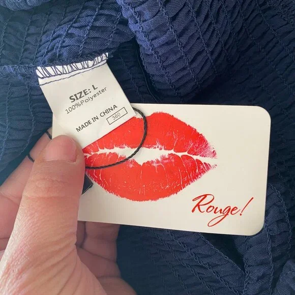 ROUGE Navy Blue Smocked chest Stretch Wide-Leg Romper Jumpsuit *LARGE* - Picture 6 of 6